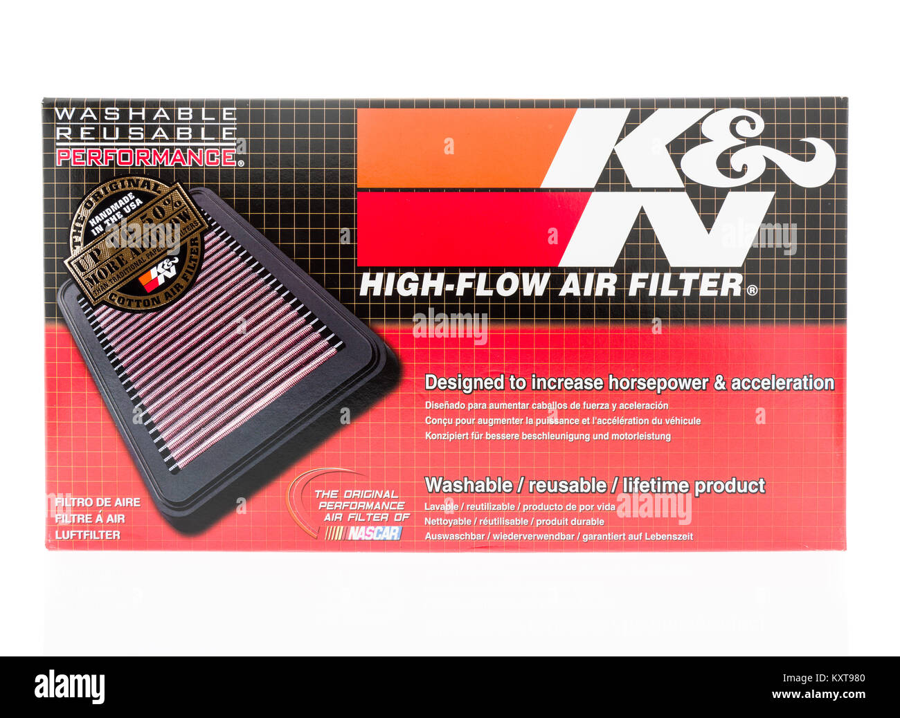Winneconne, WI - 7 January 2018: A K&N high flow air filter on an isolated background. Stock Photo