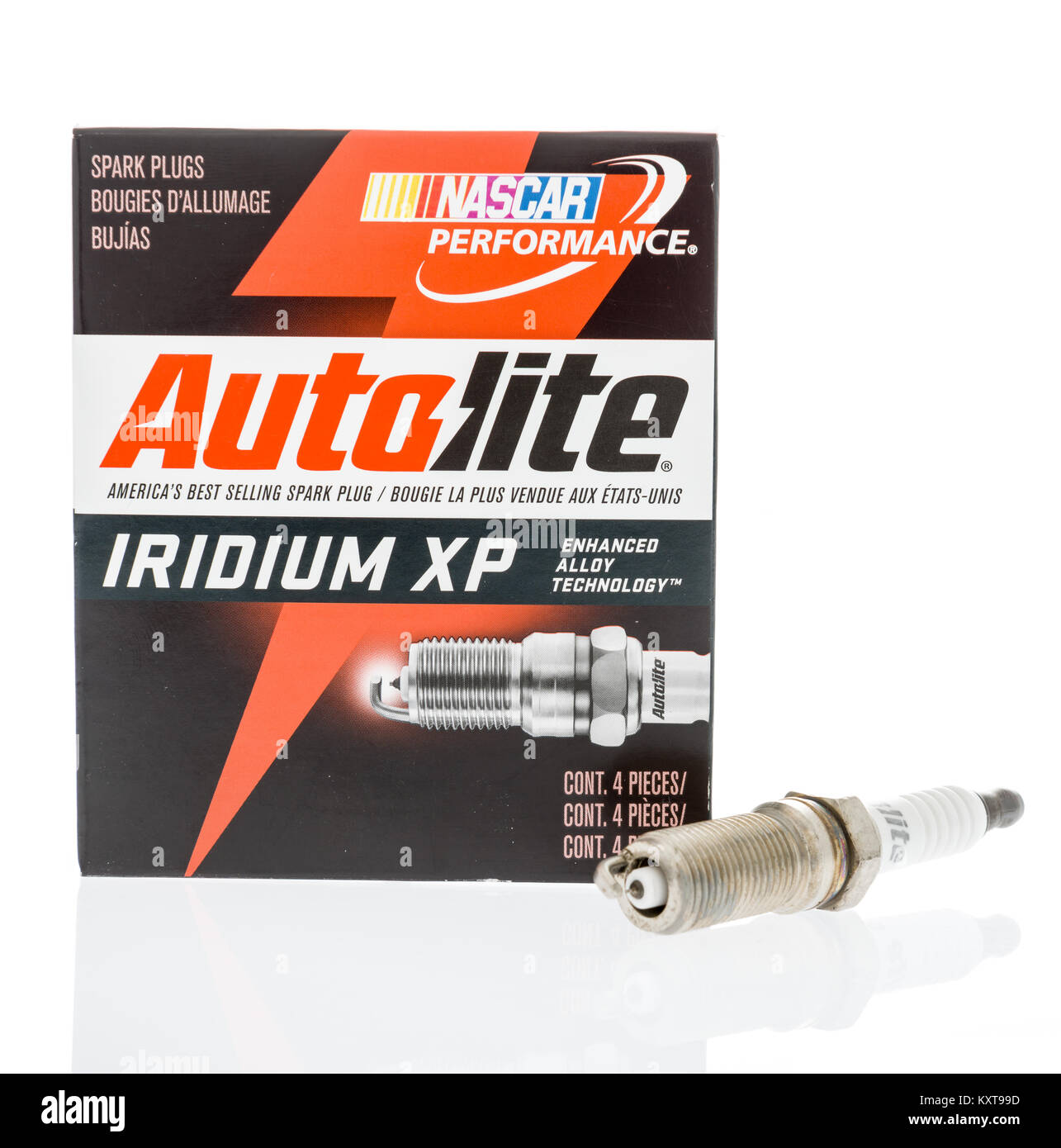 Winneconne, WI - 7 January 2018: A package of Autolite iridium spark plugs on an isolated background. Stock Photo