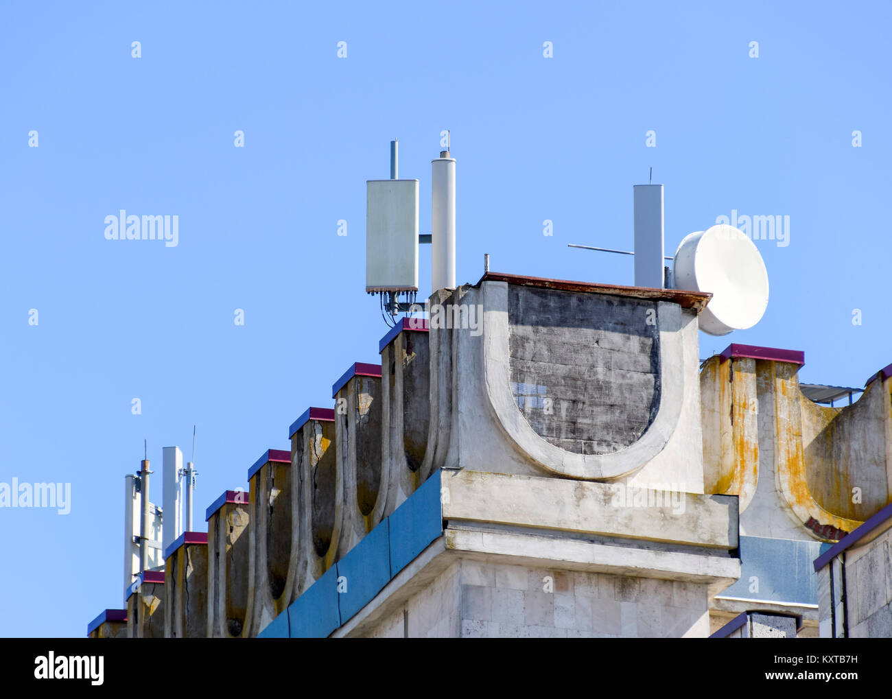 Rf System On Rooftop Cellular equipment on the roof of the building. Reflectors about signal ...