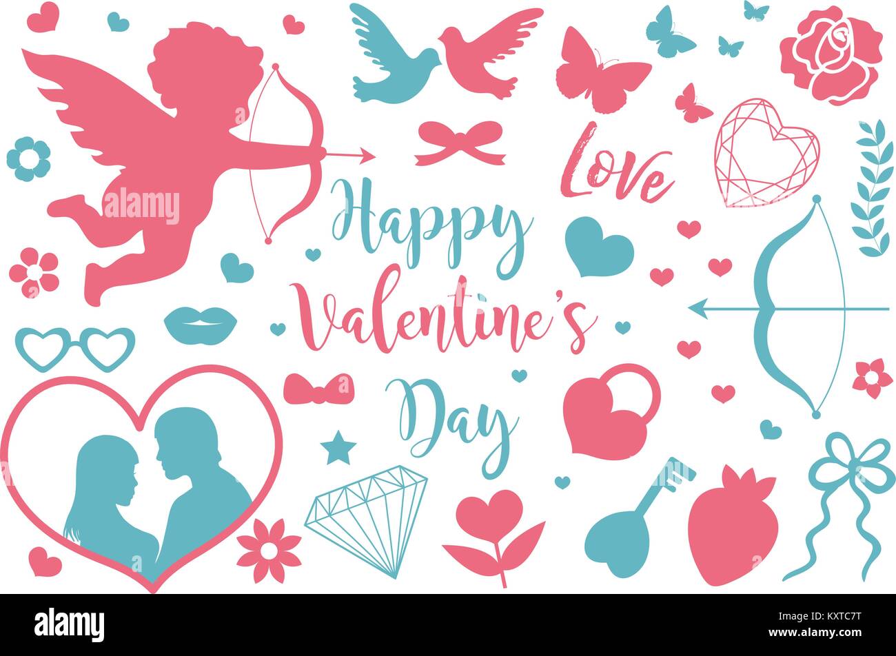 Happy Valentine's Day icon set of stencil silhouettes. Cute romance ...