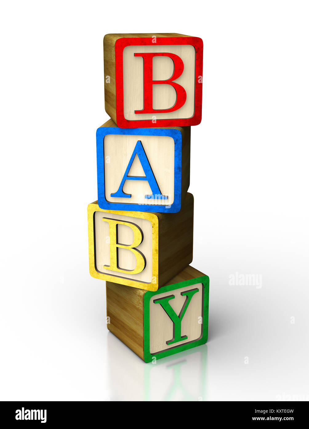 3d alphabet baby block made of wood on reflective white background