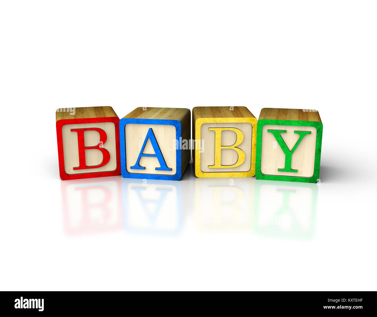 3d stacked baby alphabet block made of wood on reflective white ...