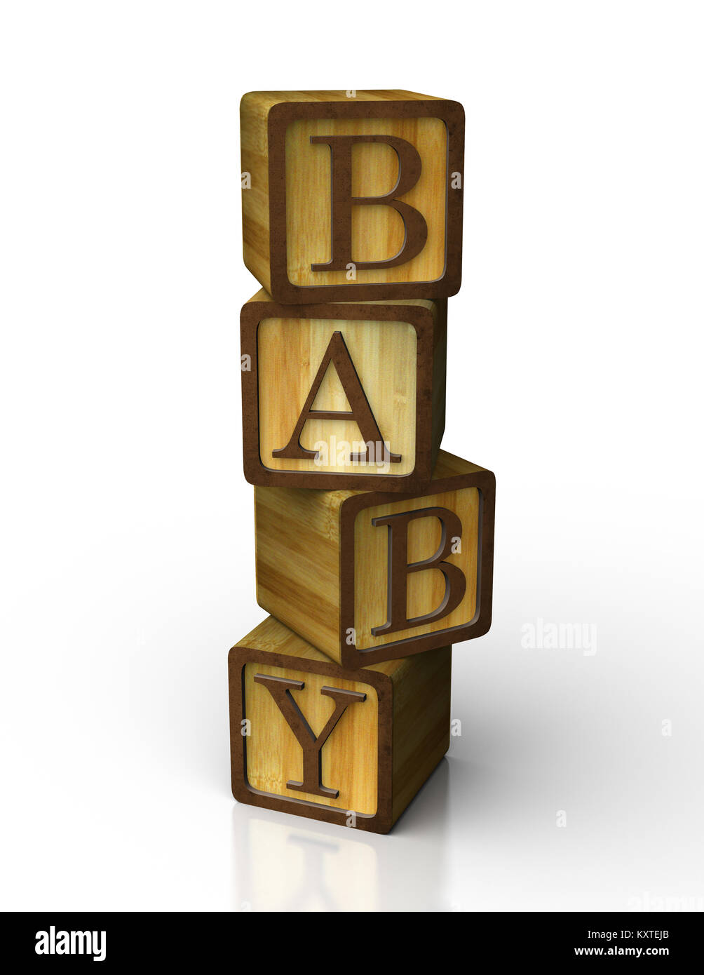 3d alphabet baby block made of wood on reflective white background