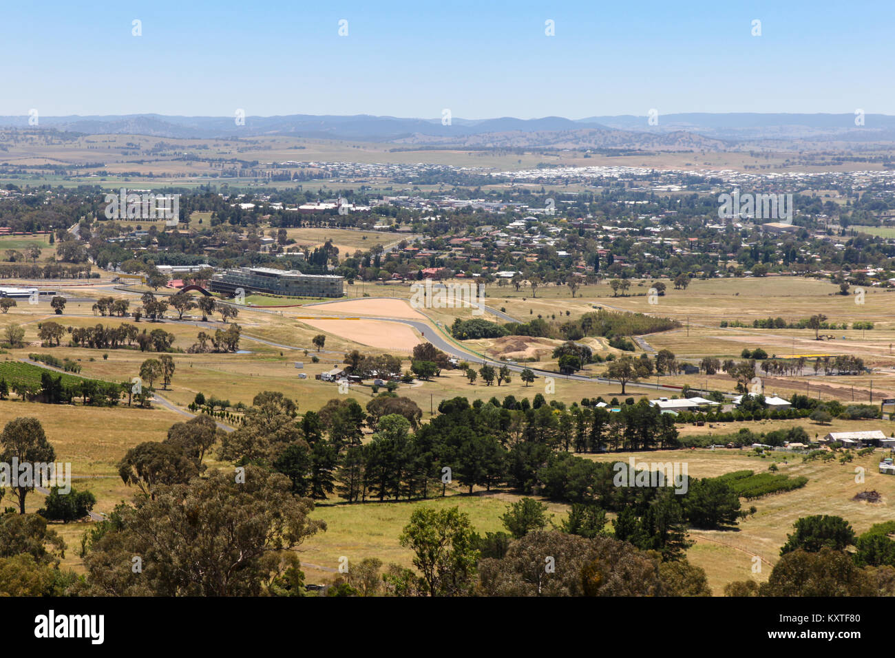 View of the regional country city of Bathurst from the famous Mount Panorama home of Australia's most famous motor car race. Bathurst is located in th Stock Photo