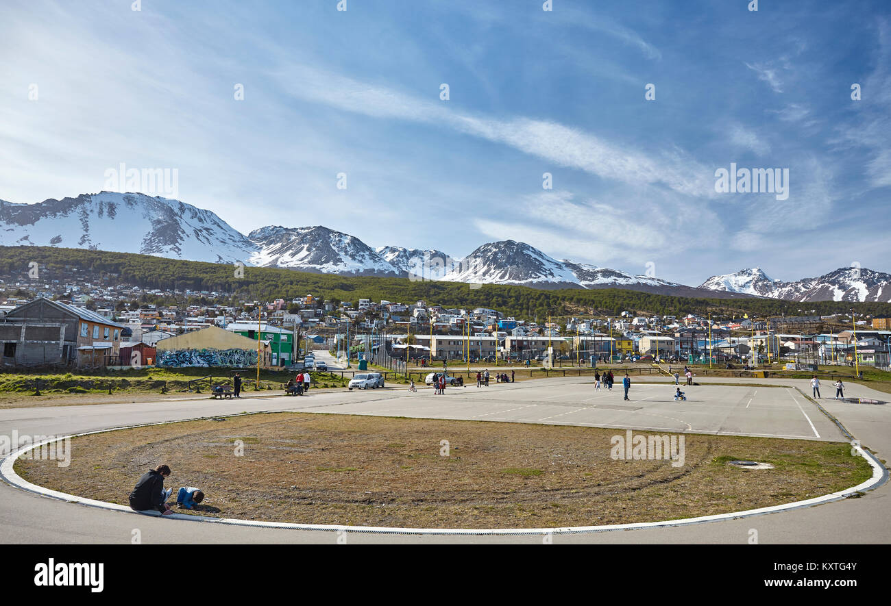 Ushuaia, Argentina - October 28, 2013: School playing field in downtown Ushuaia. Stock Photo