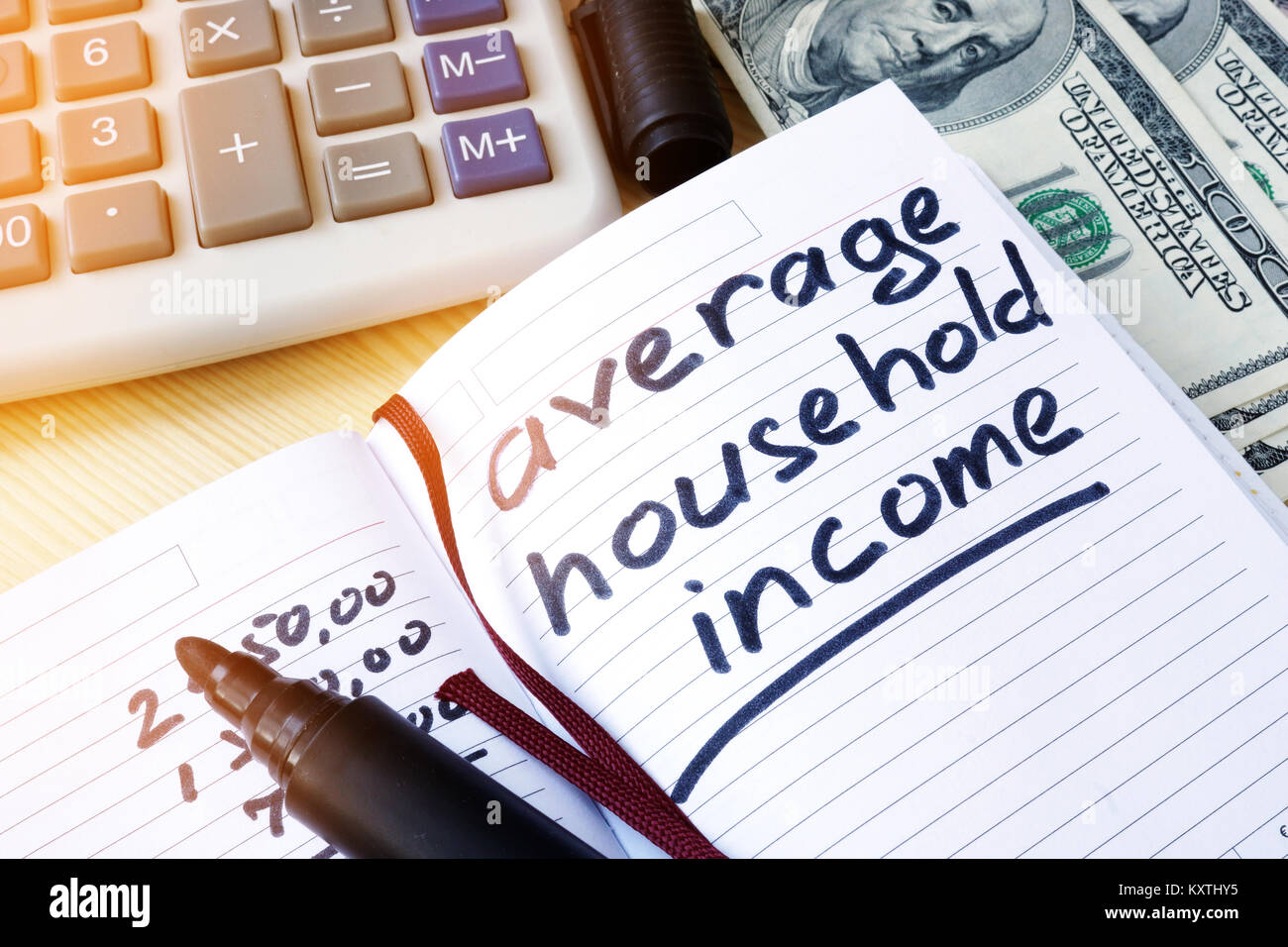 Average household income written in a note. Stock Photo