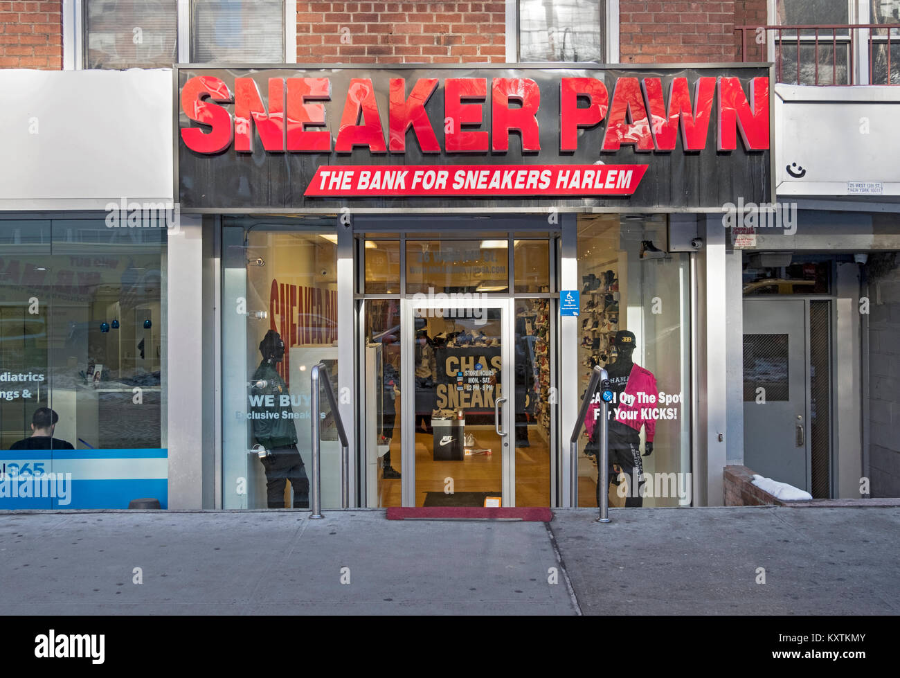 Sneaker Pawn, a store on West 14th Street that buys and then sells vintage pre-owned collectible sneakers. Stock Photo