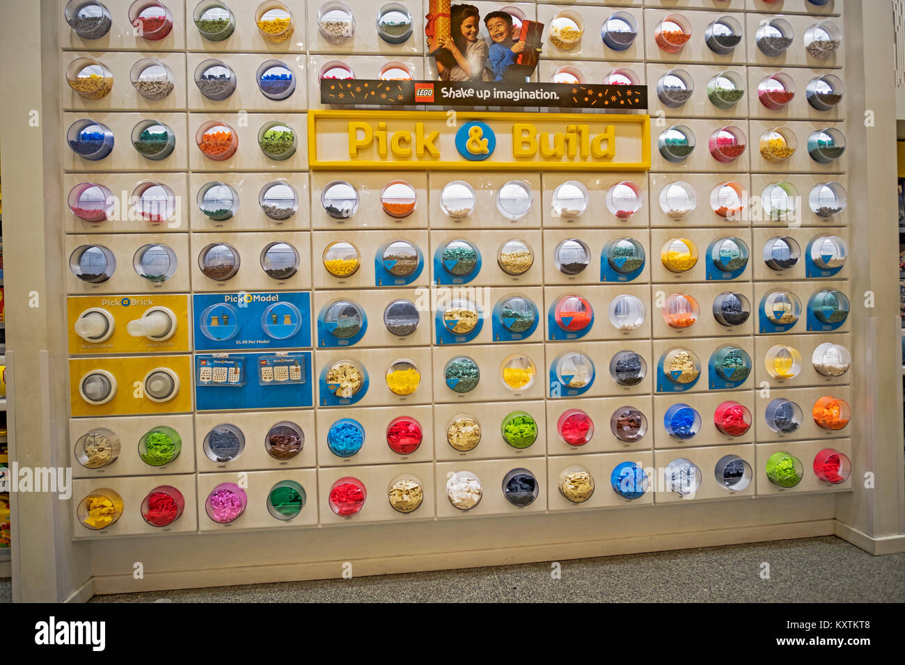 Legos for sale by the container size at the Lego store on Fifth Ave. in Manhattan, New York City. Stock Photo