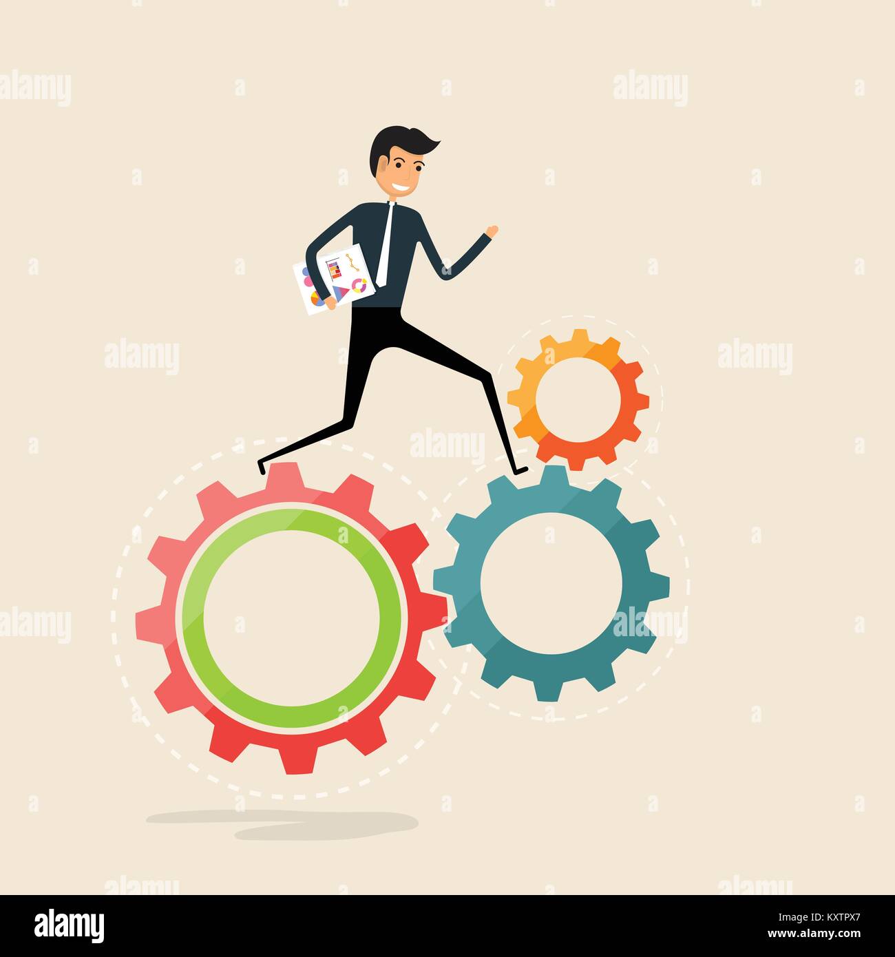 Running business work concept.Happy businessman and cogwheels sign.Businessman running on gear mechanism.Cogwheels working.Business vector concept ill Stock Vector