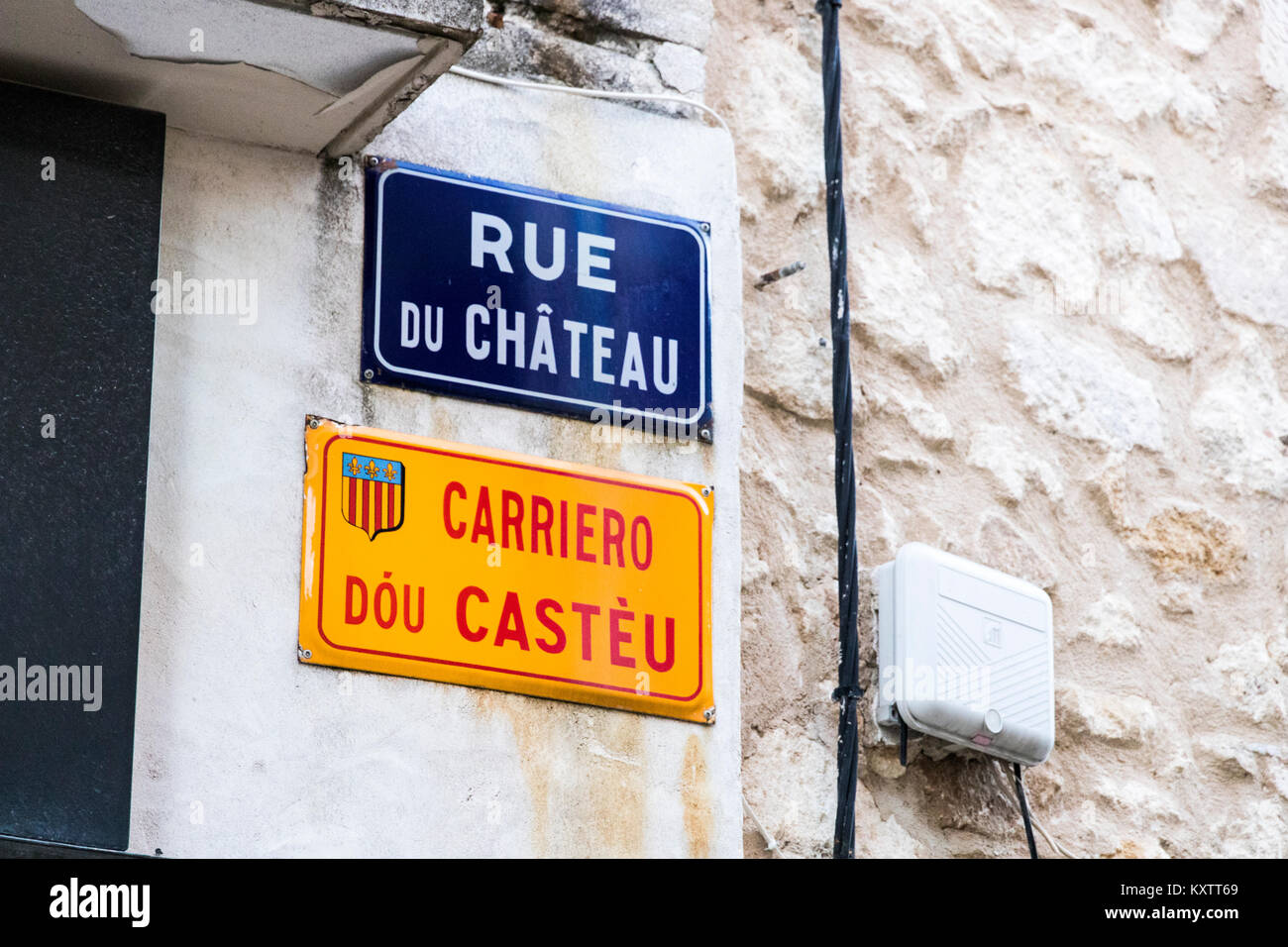 Bilingual street signs in Occitan and French. Saint-Remy-de-Provence, France Stock Photo