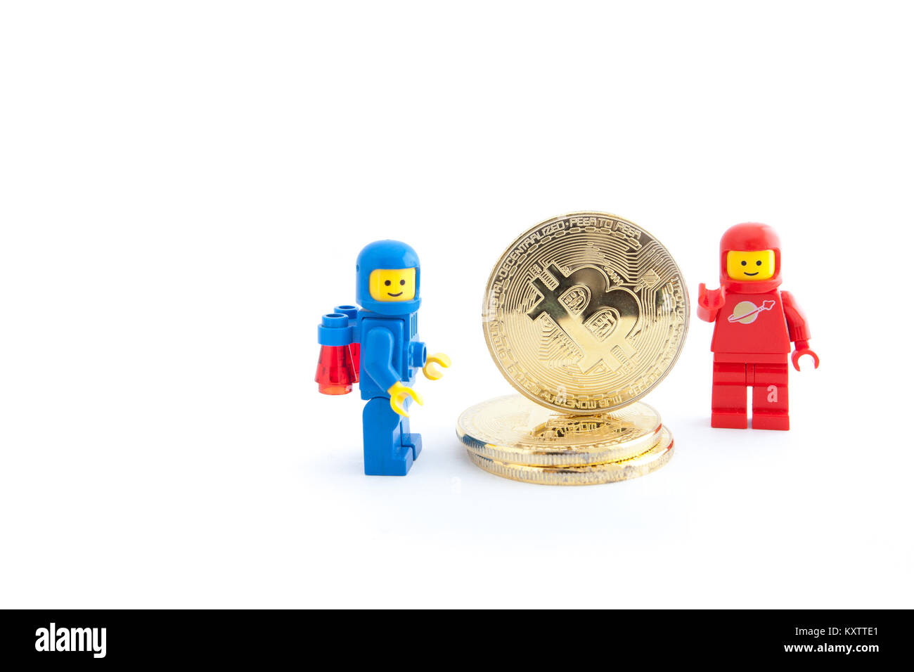 Venice, Italy - January 07, 2018: two astronauts (as Lego figure) standing  next to Bitcoin coins, January 07, 2018 in Venice, Italy Stock Photo - Alamy