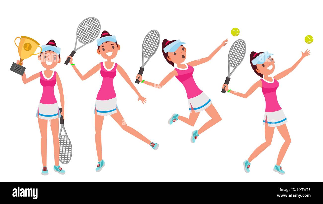 Tennis Player Vector. Young And Healthy. Players Practicing With Tennis Racket. Flat Cartoon Illustration Stock Vector