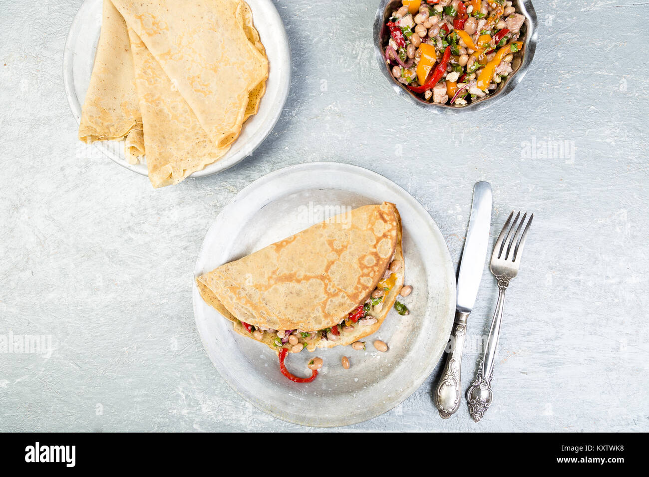 Savoury Buckwheat Pancake with White Beans, Red and Yellow Bell Pepper