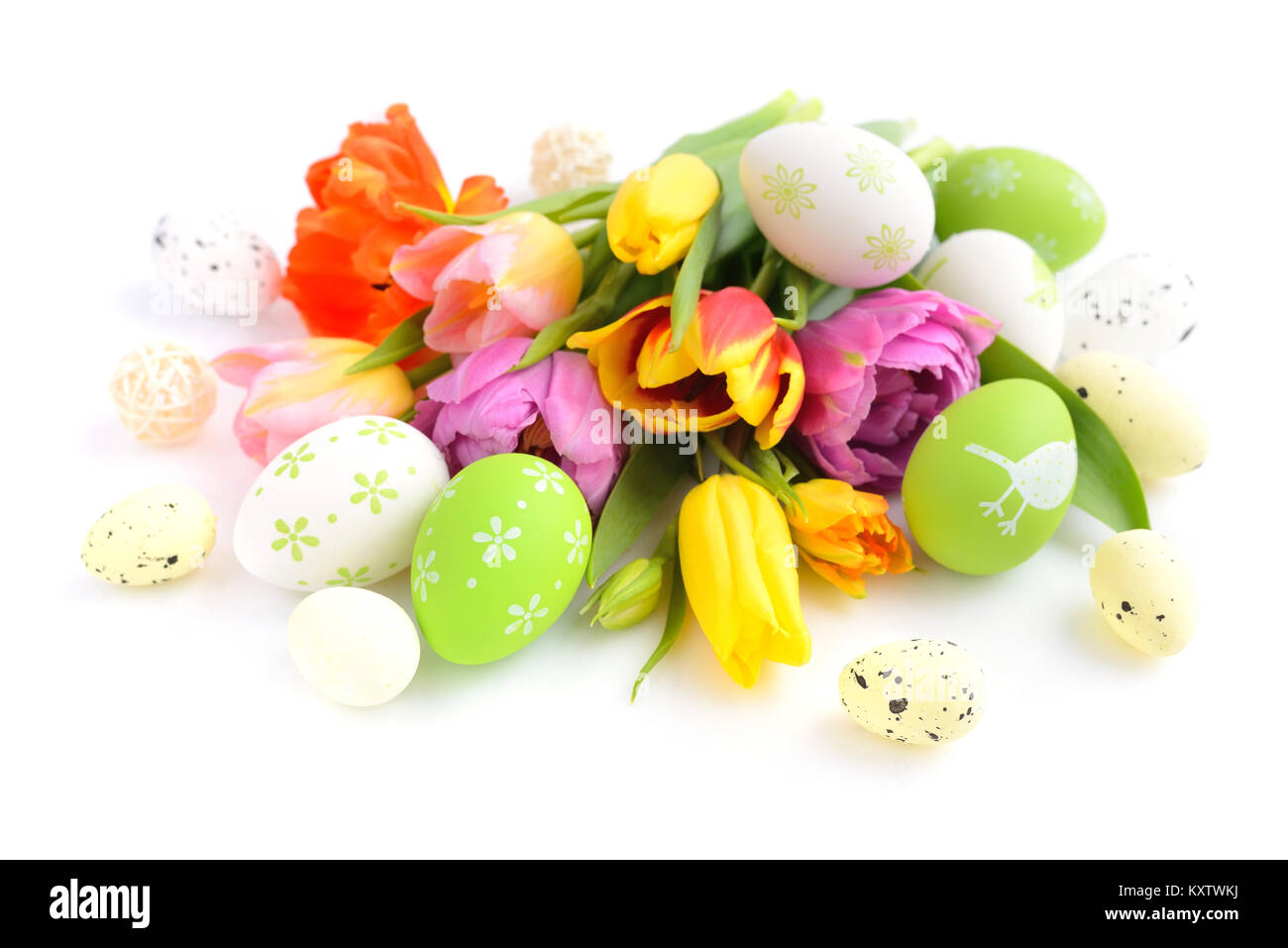 Easter eggs with tulips flowers on white background Stock Photo - Alamy