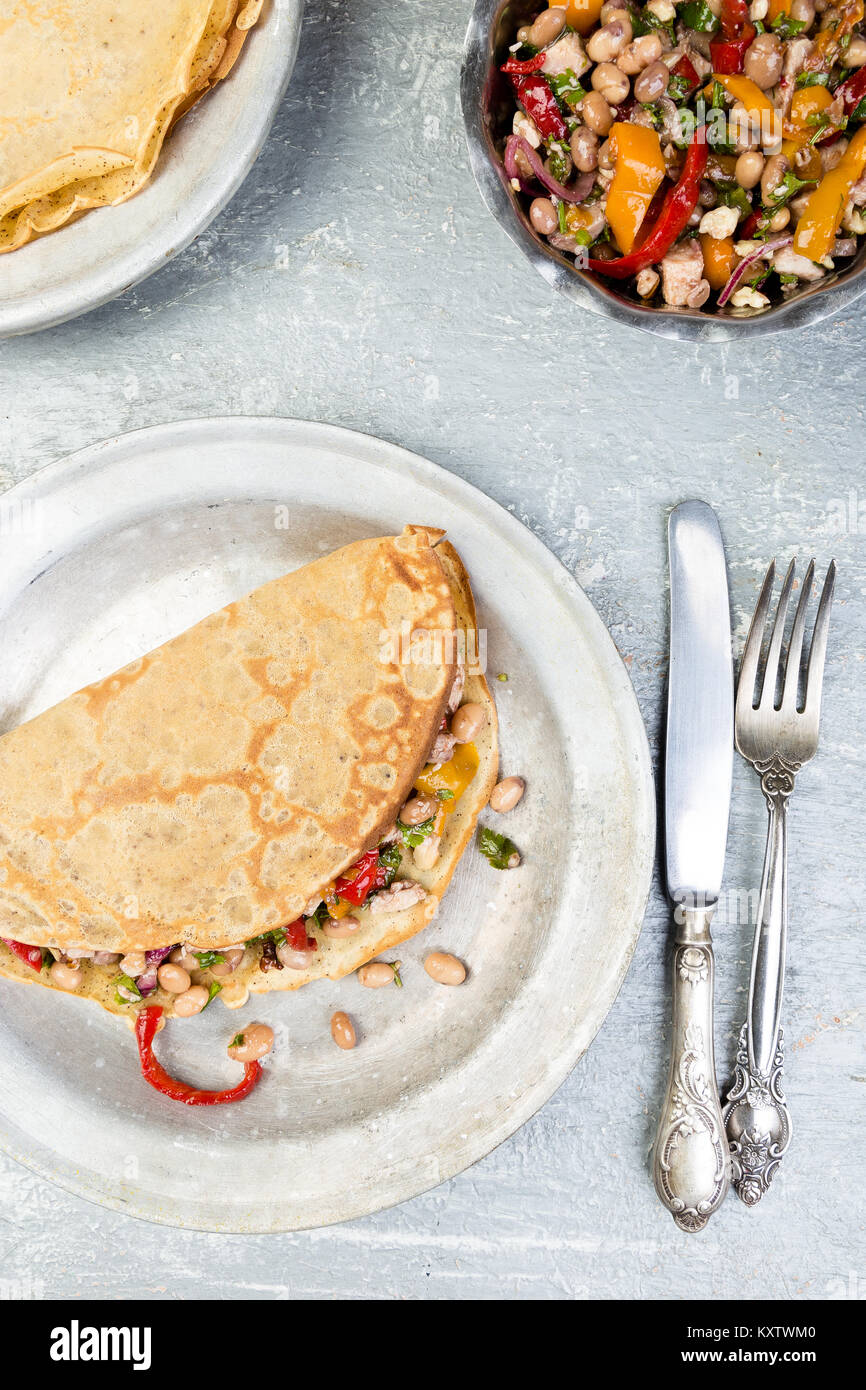 Savoury Buckwheat Pancake with White Beans, Red and Yellow Bell Pepper