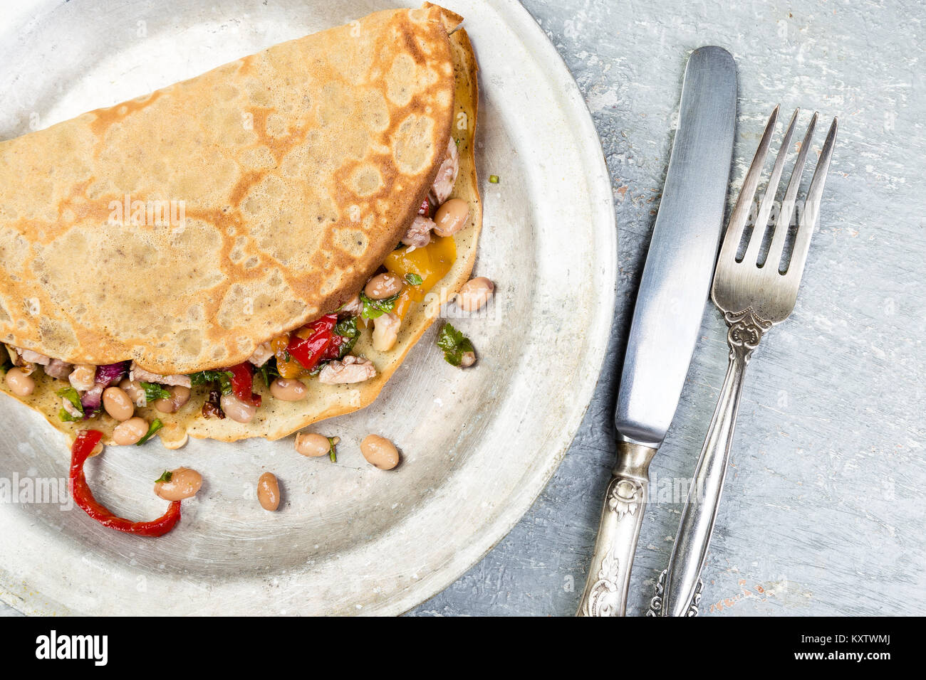 Savoury Buckwheat Pancake with White Beans, Red and Yellow Bell Pepper