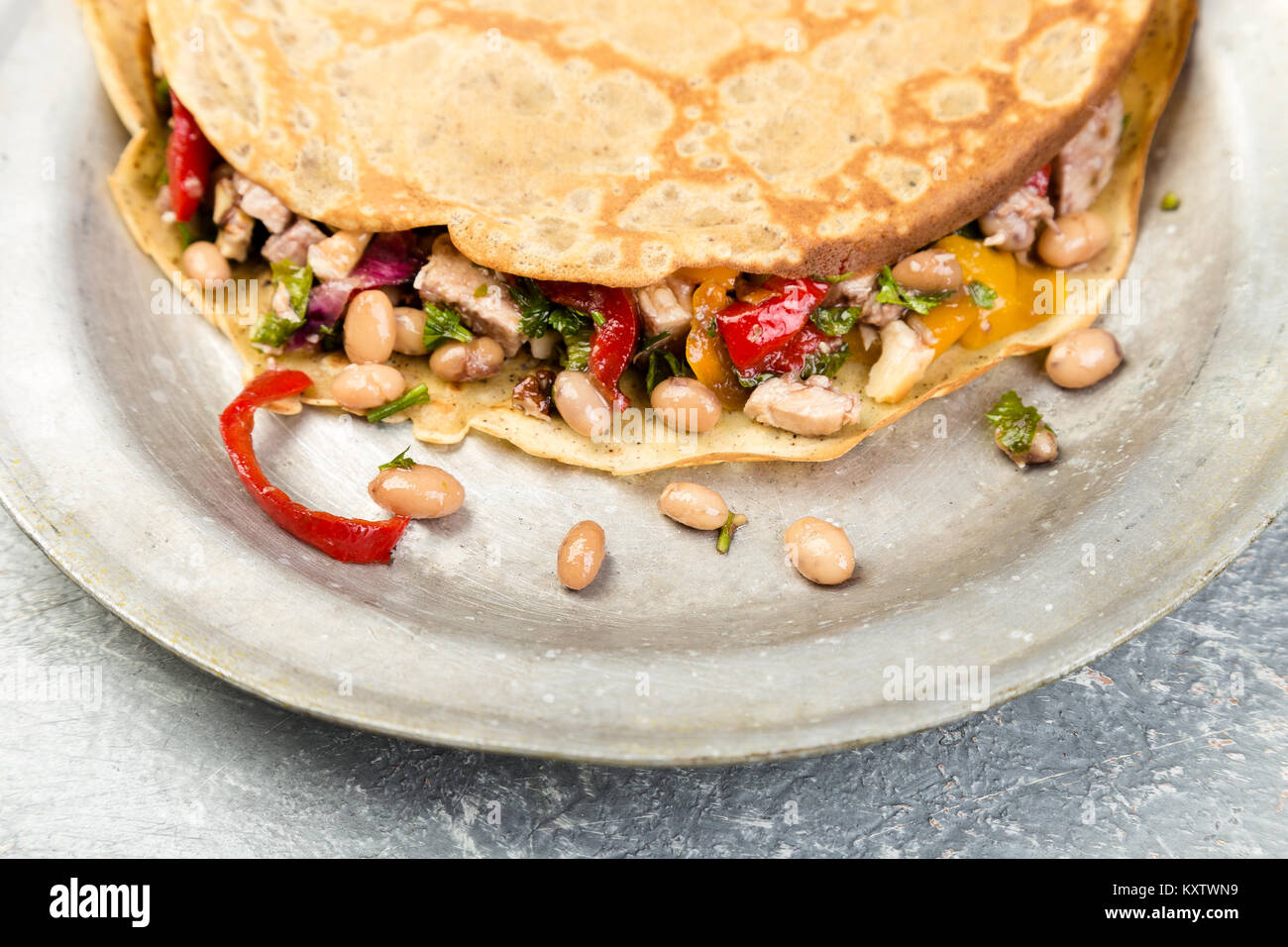 Savoury Buckwheat Pancake with White Beans, Red and Yellow Bell Pepper