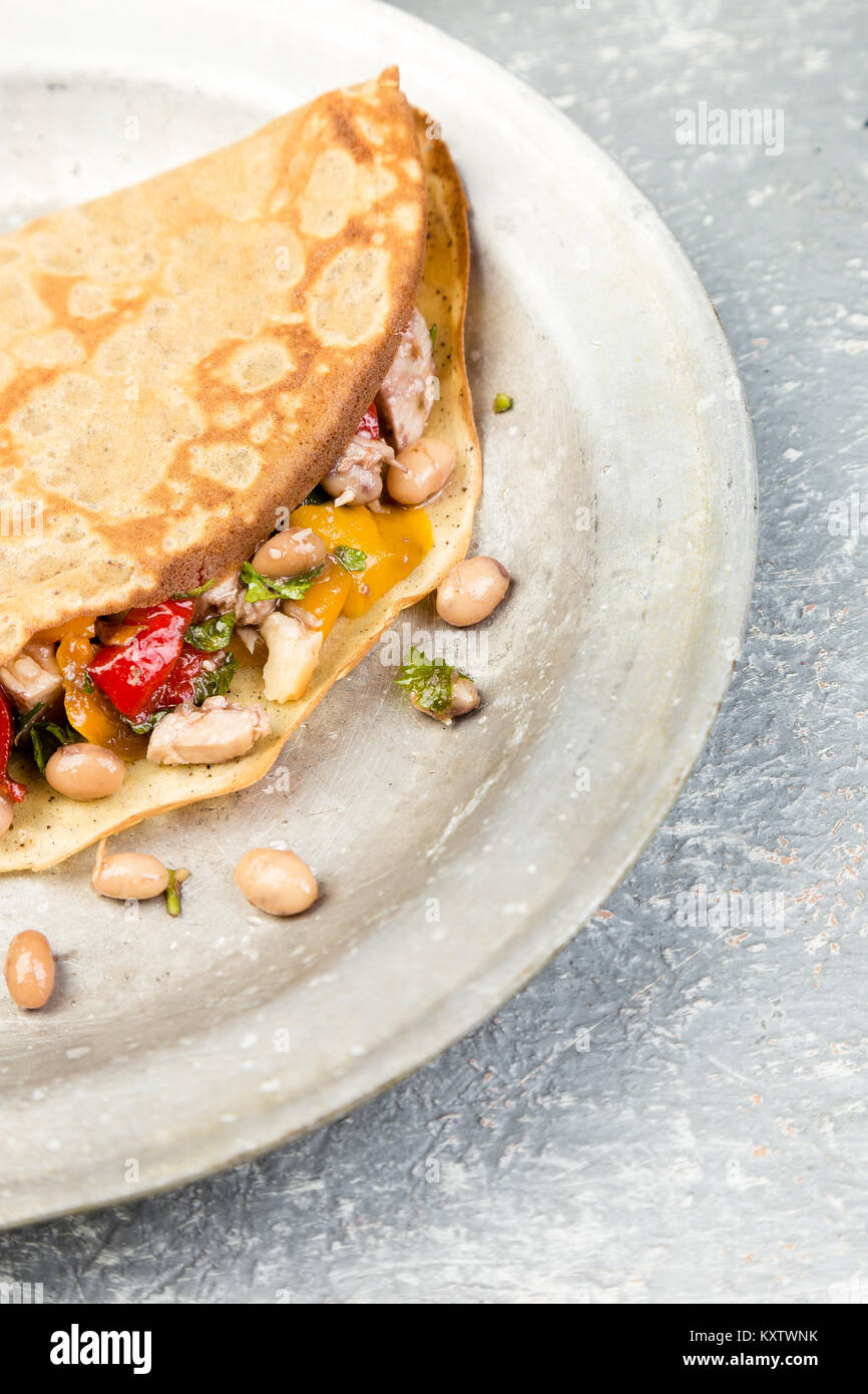 Savoury Buckwheat Pancake with White Beans, Red and Yellow Bell Pepper