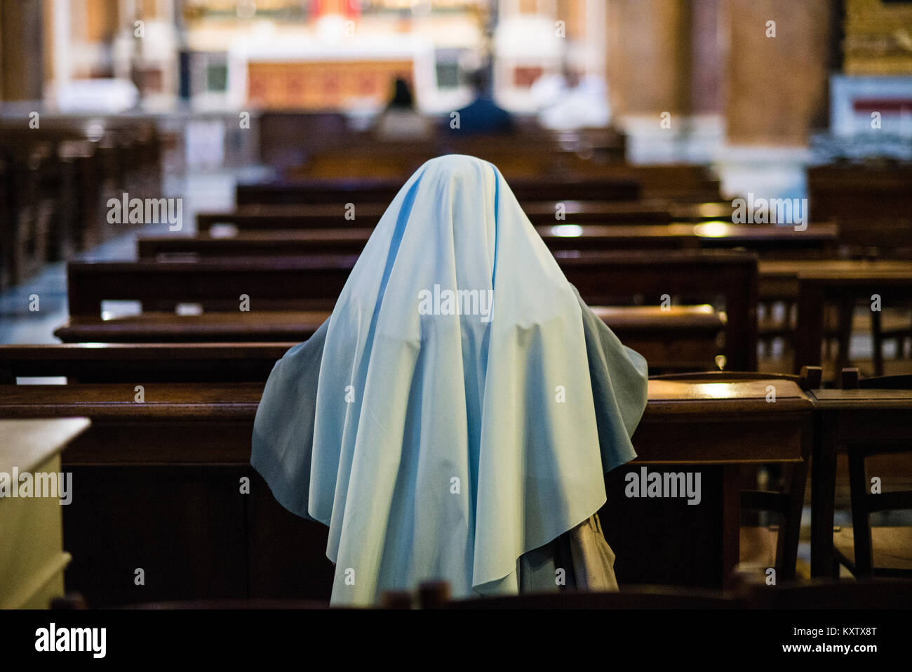 Church Rome Nun Prays In The Church Kneeling On The Bench Early