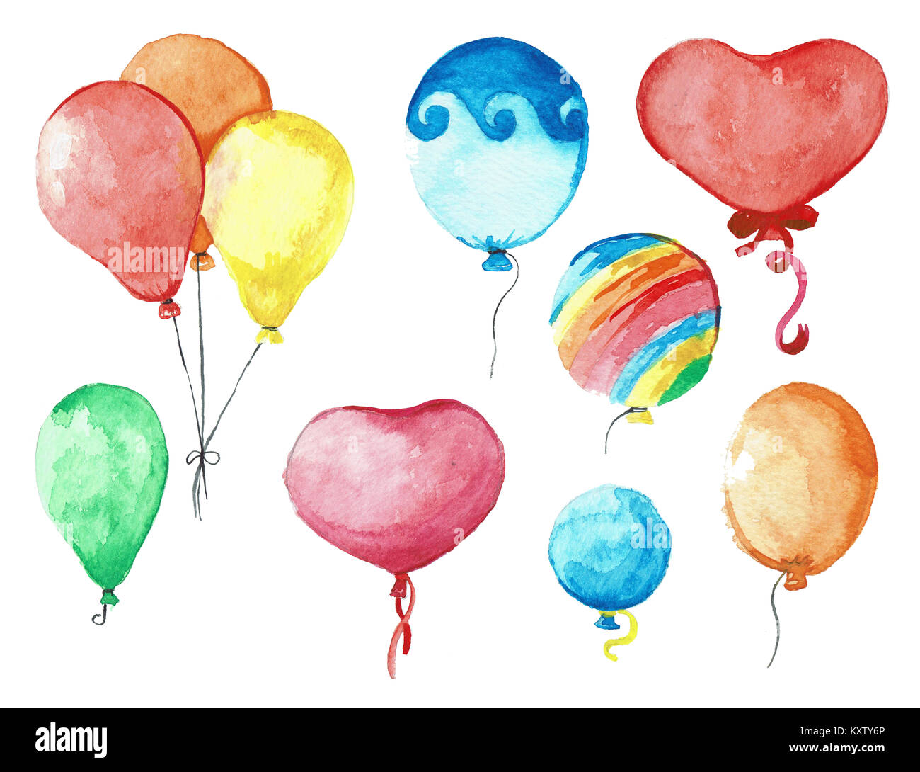 Set group of balloons on a string. Hand drawn, isolated on a white
