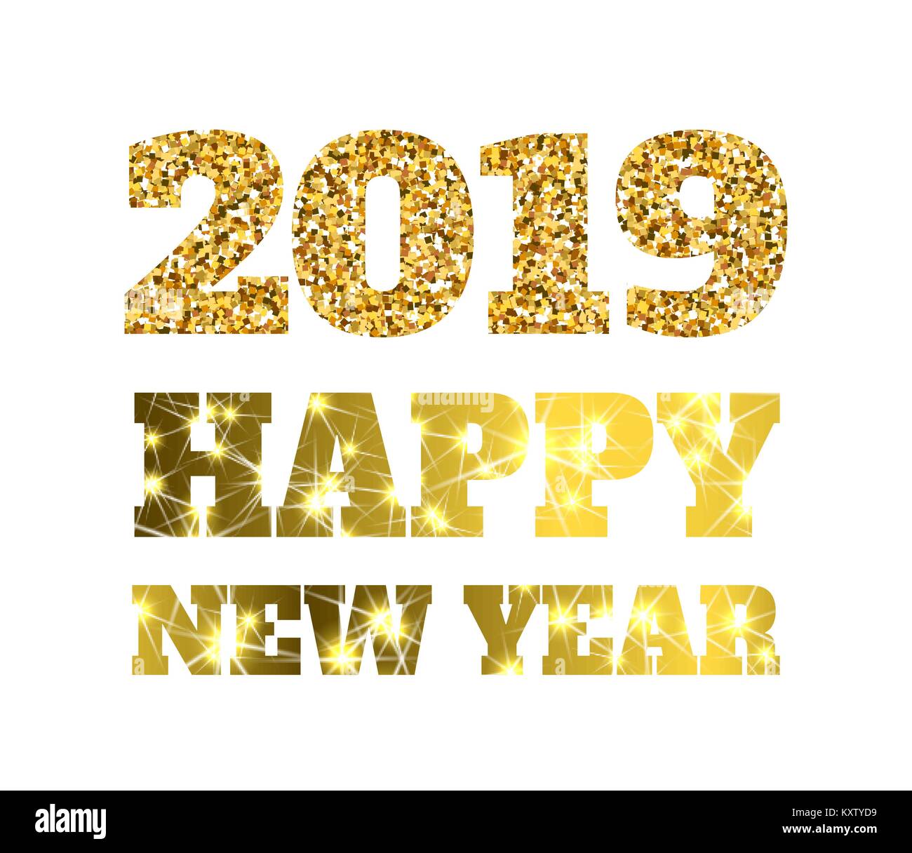 Happy new 2019 year. Gold glitter particles and sparkles. Holidays ...