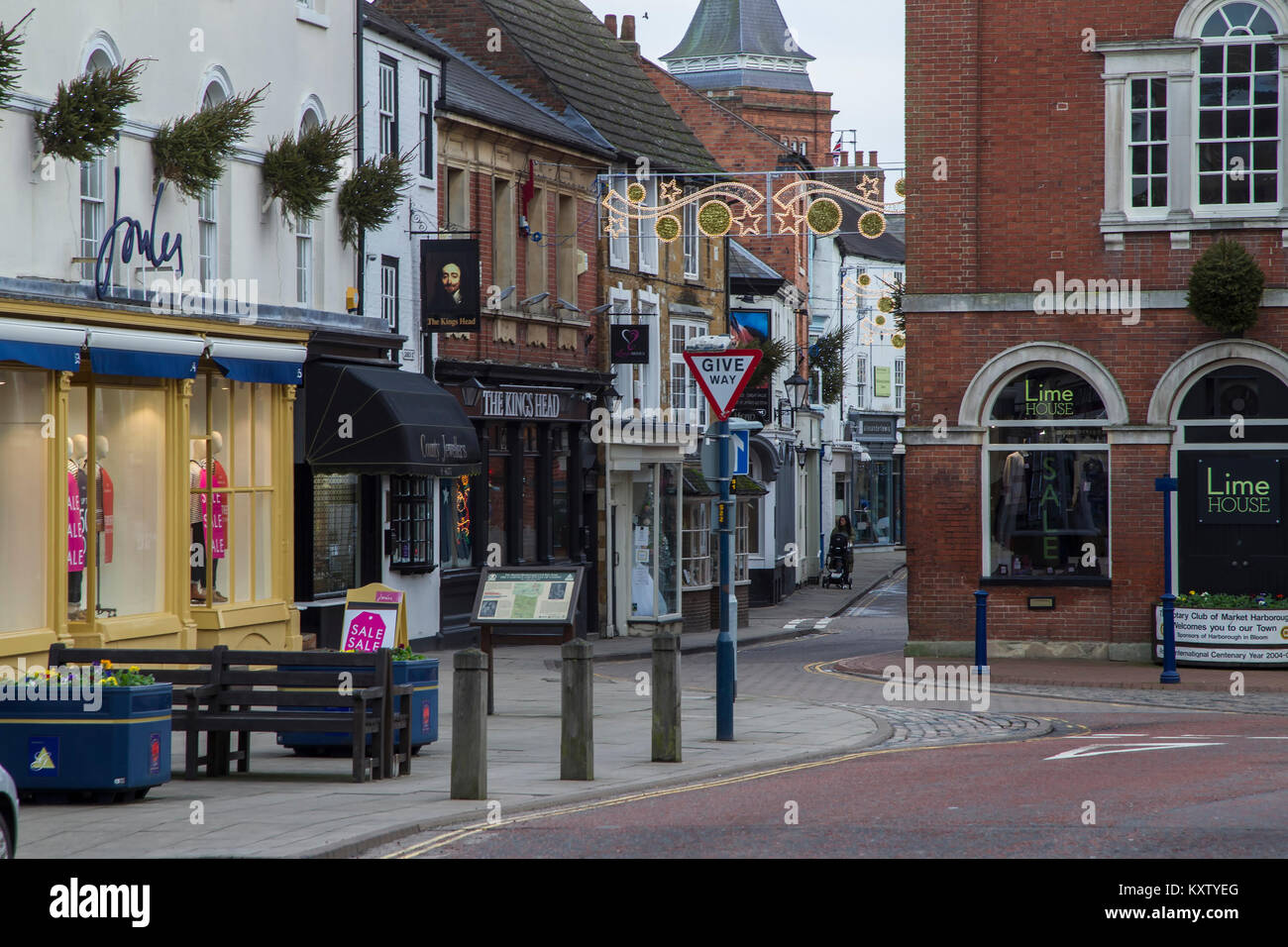 Historic shops high street market harborough leicestershire town hires stock photography and