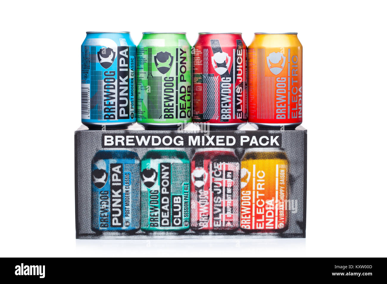 LONDON, UK - JANUARY 02, 2018: Aluminium cans of Brewdog  beer selection, from the Brewdog brewery on white background and mixed pack box. Stock Photo