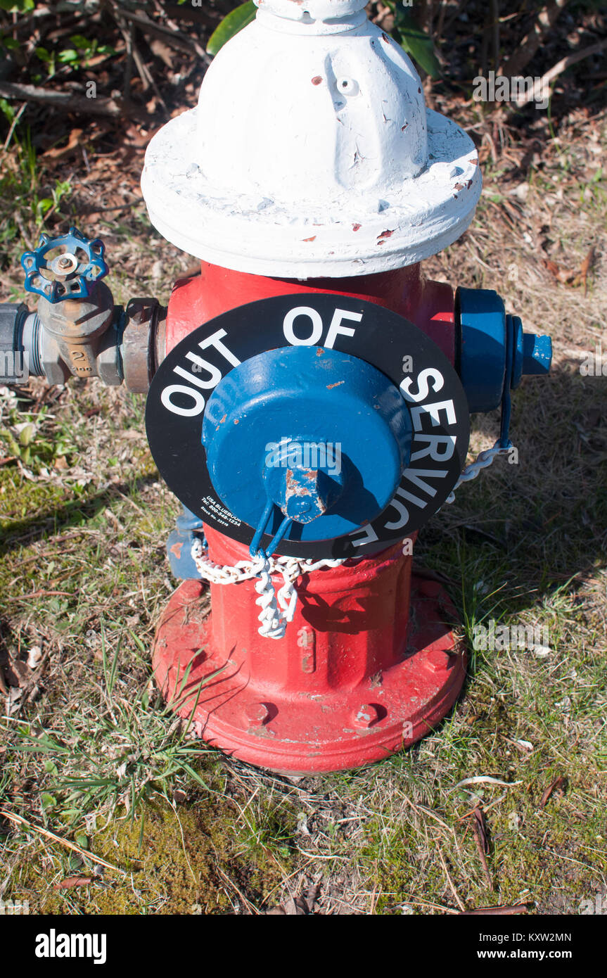 Fire Hydrant with out of service sign Stock Photo