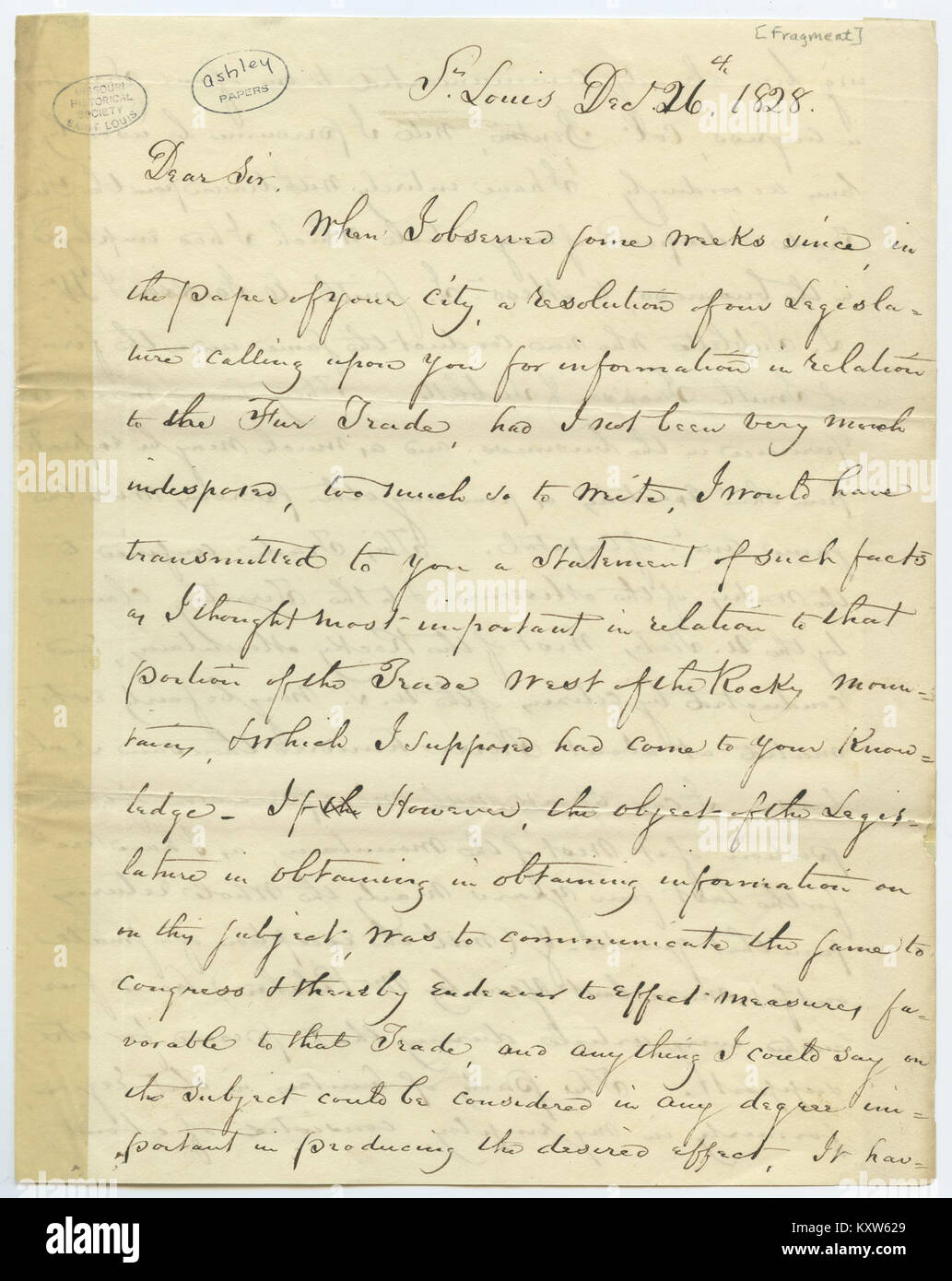 Fragment of letter dated St. Louis, addressed to “dear sir” (not in William H. Ashley's handwriting), December 26, 1828 Stock Photo