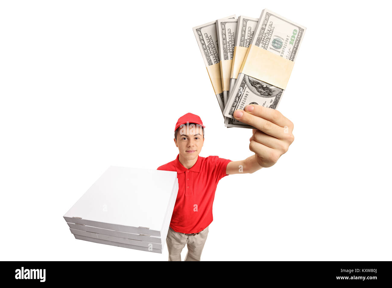 Teenage pizza delivery boy with bundles of money isolated on white background Stock Photo