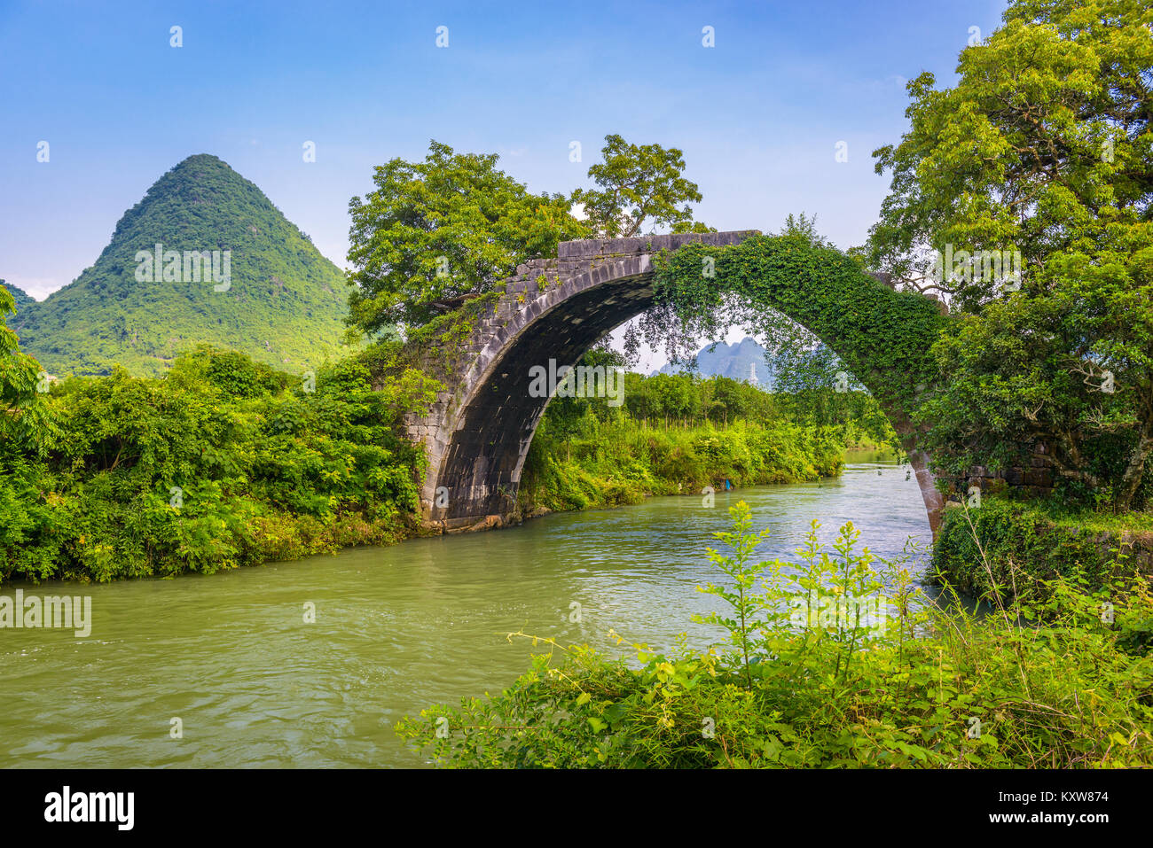 Yangshuo, China at the Dragon Bridge spanning the Li River. Stock Photo