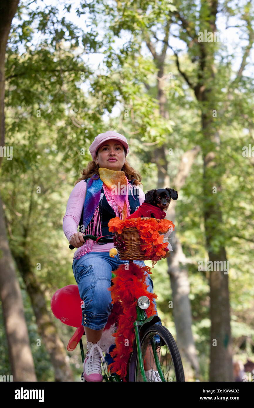 The Netherlands, Amsterdam, Woman during annual parade of dogs on bicycle called Hondjesparade. Stock Photo