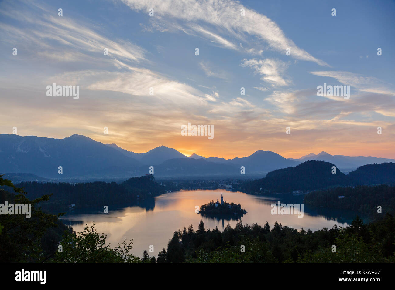Lake Bled at dawn, Slovenia Stock Photo