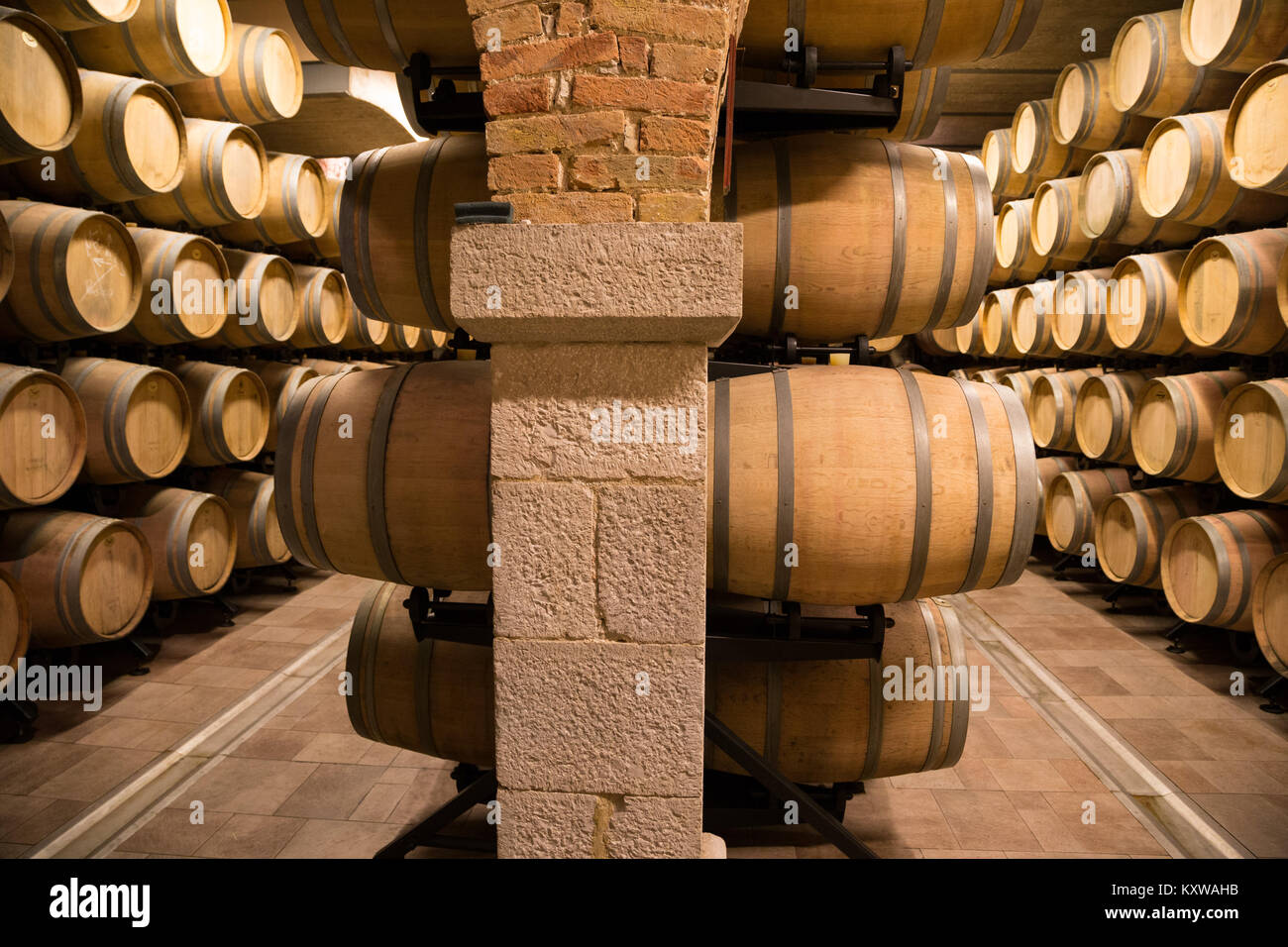 Wine barrels in winecellar on island, Croatia. Stock Photo