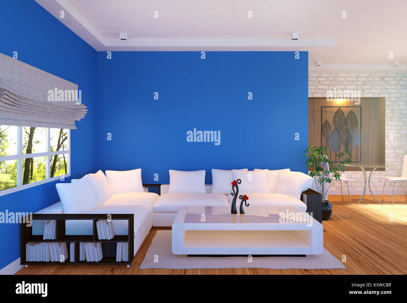 Modern living room interior with furniture and blue empty wall, 3D rendering Stock Photo