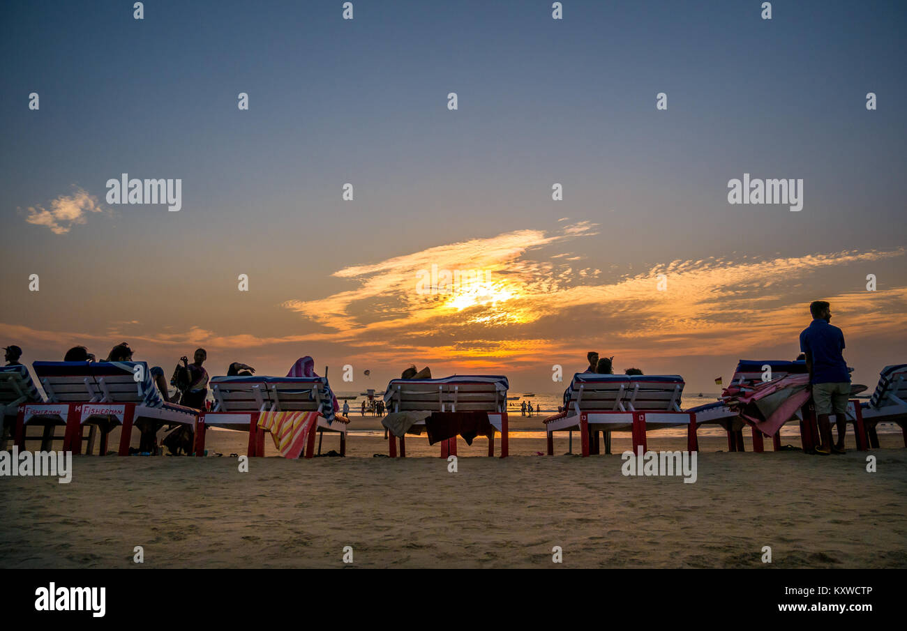 Goa, India December, 21 2017 Unidentified tourist relaxing using