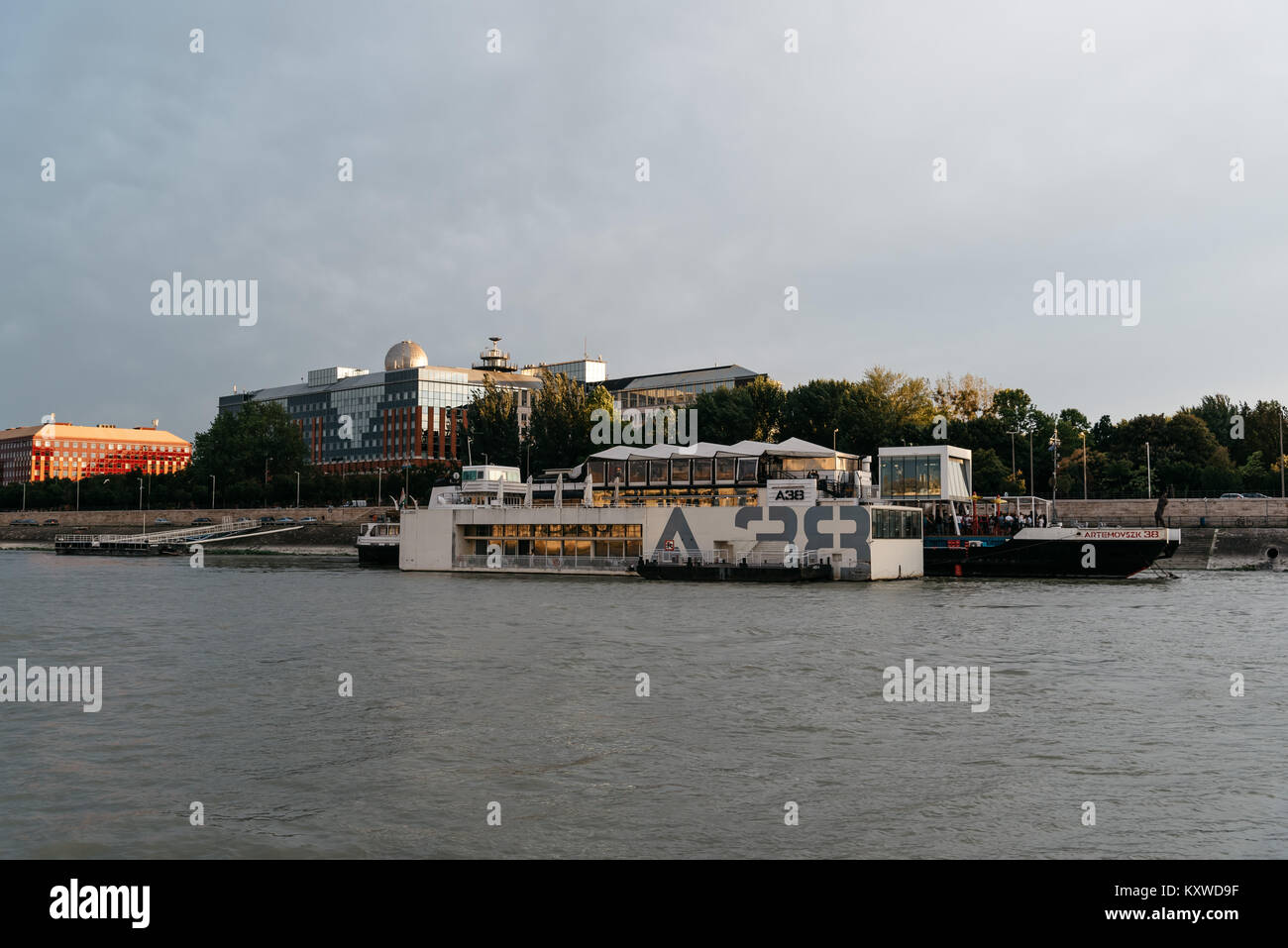 Budapest, Hungary - August 12, 2017: Multipurpose cultural hub on reconstructed Ukranian ship floating on Danube river, for live music, restaurant and Stock Photo