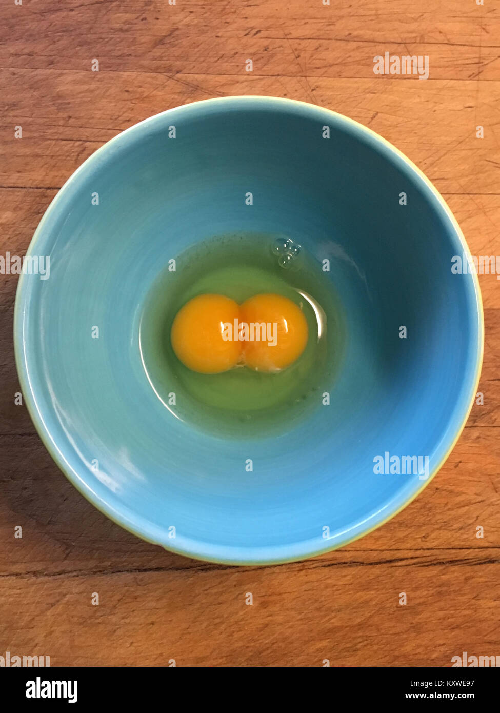 Double yolk chicken egg in blue bowl on wooden cutting board Stock Photo