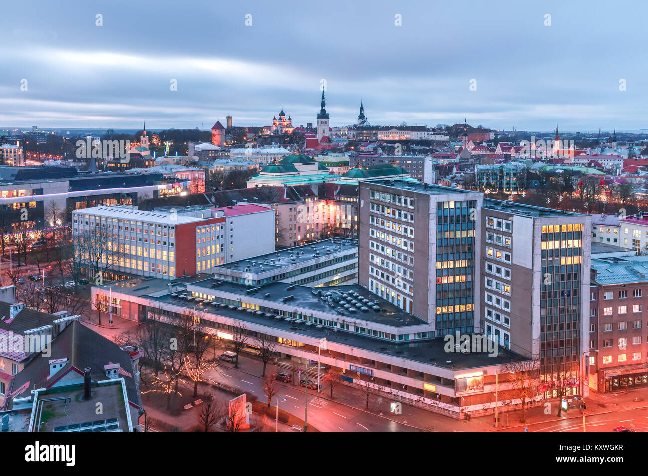 Aerial panoramic view at night, Tallinn, Estonia Stock Photo