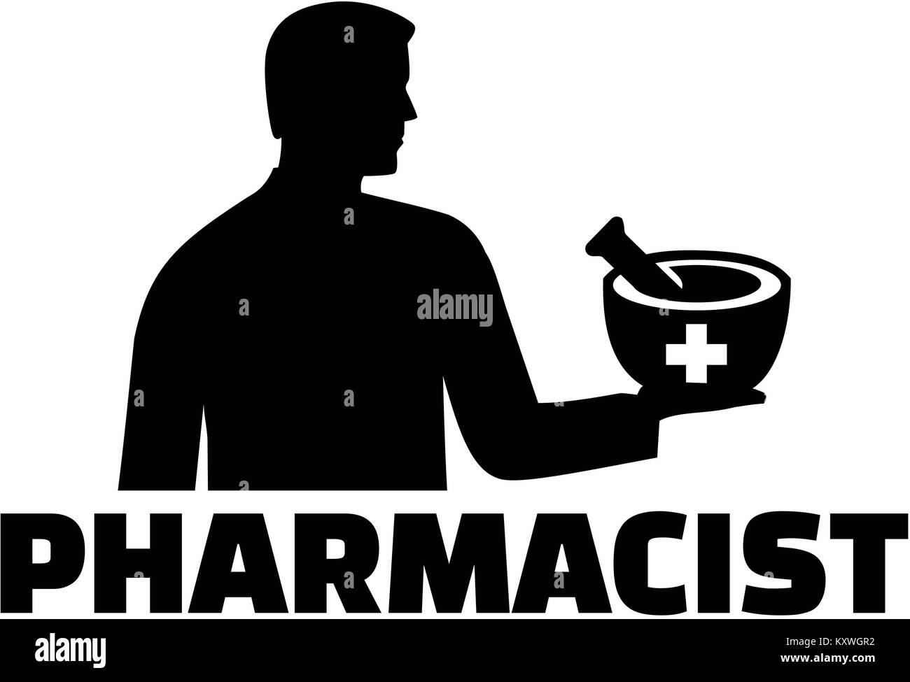 Silhouette of a male pharmacist with mortar and pestle and job title
