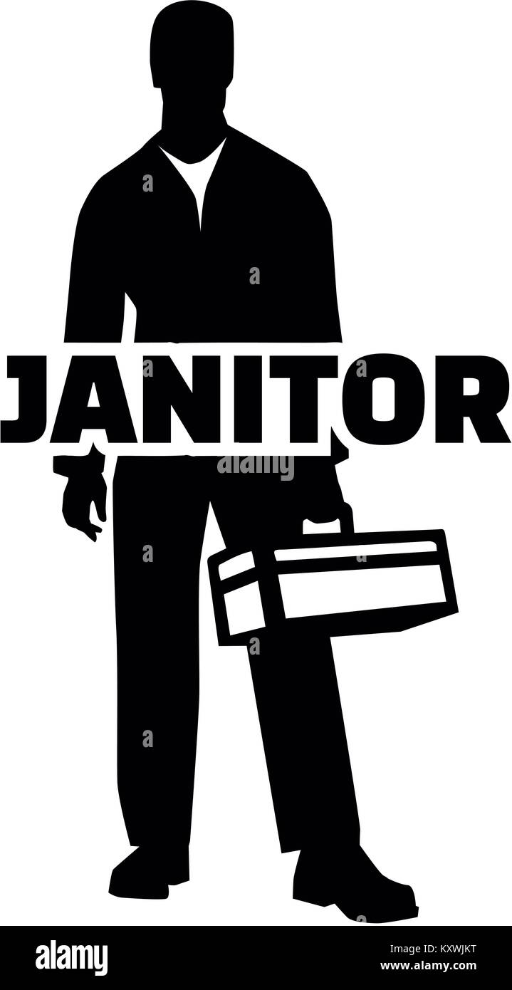 Silhouette of a janitor with job title and toolbox Stock Photo Alamy