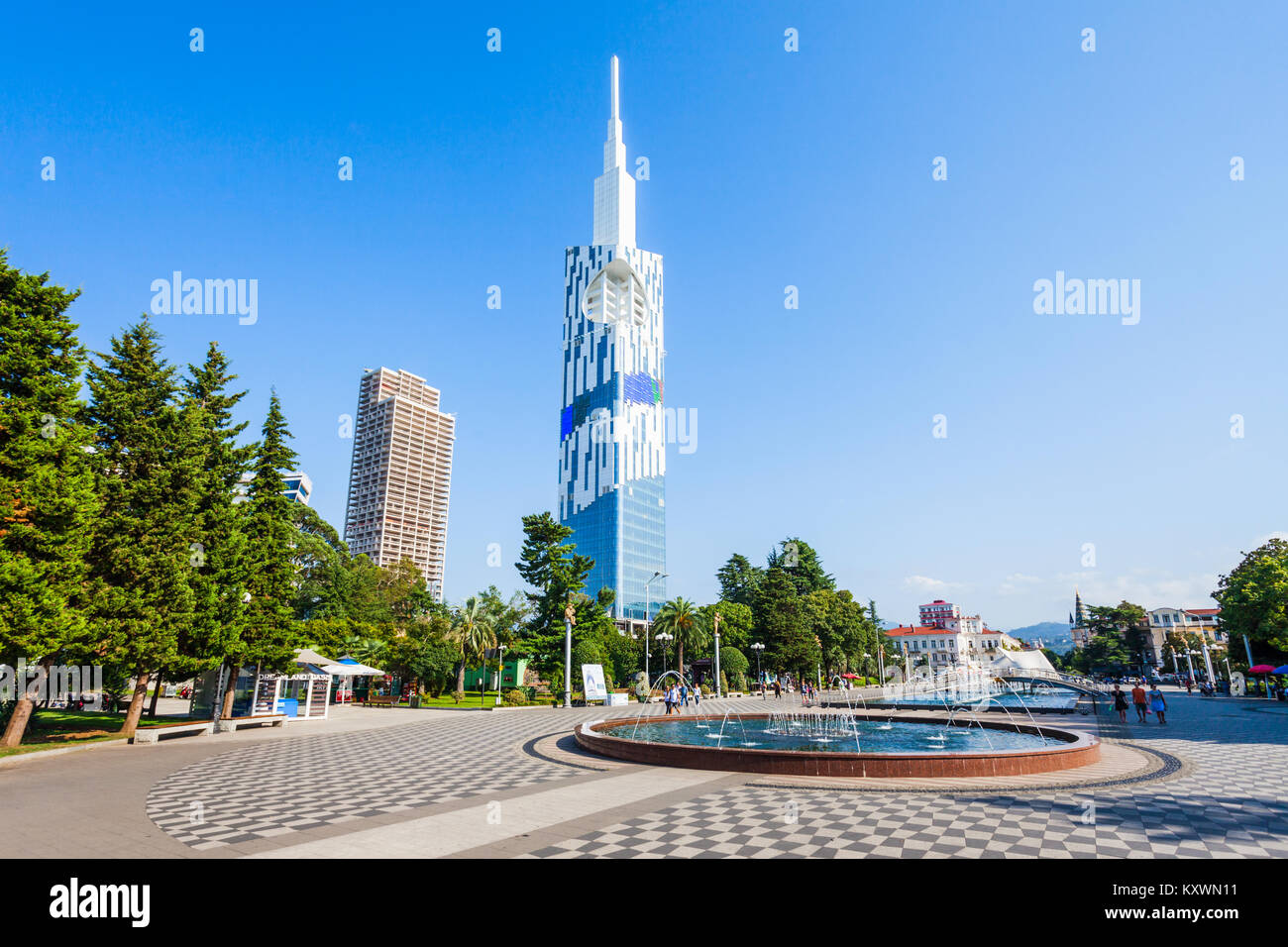 BATUMI, GEORGIA - SEPTEMBER 21, 2015: Batumi Technological University Tower and fountain in the center of Batumi. Stock Photo