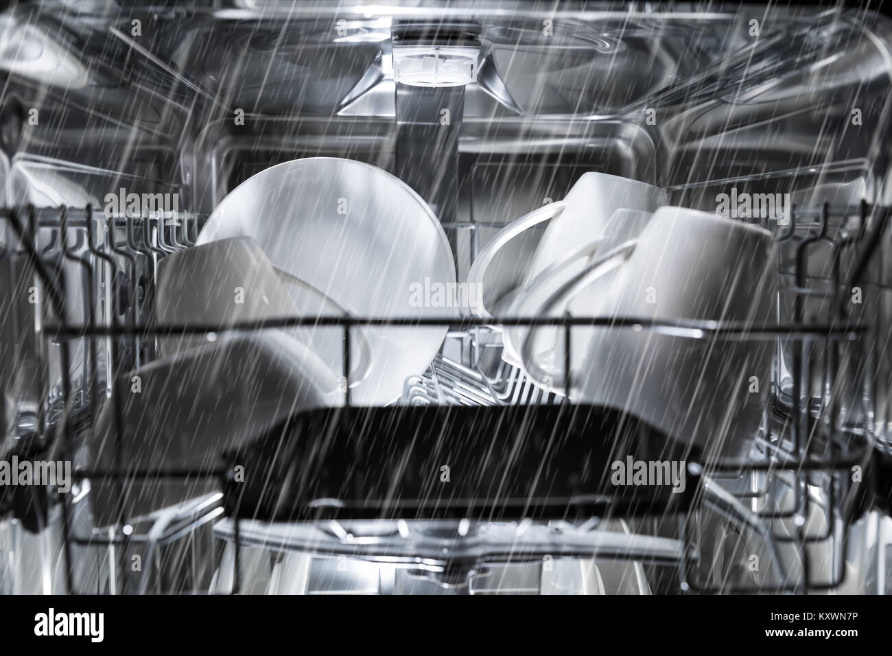 dishwasher machine working process. inside view Stock Photo