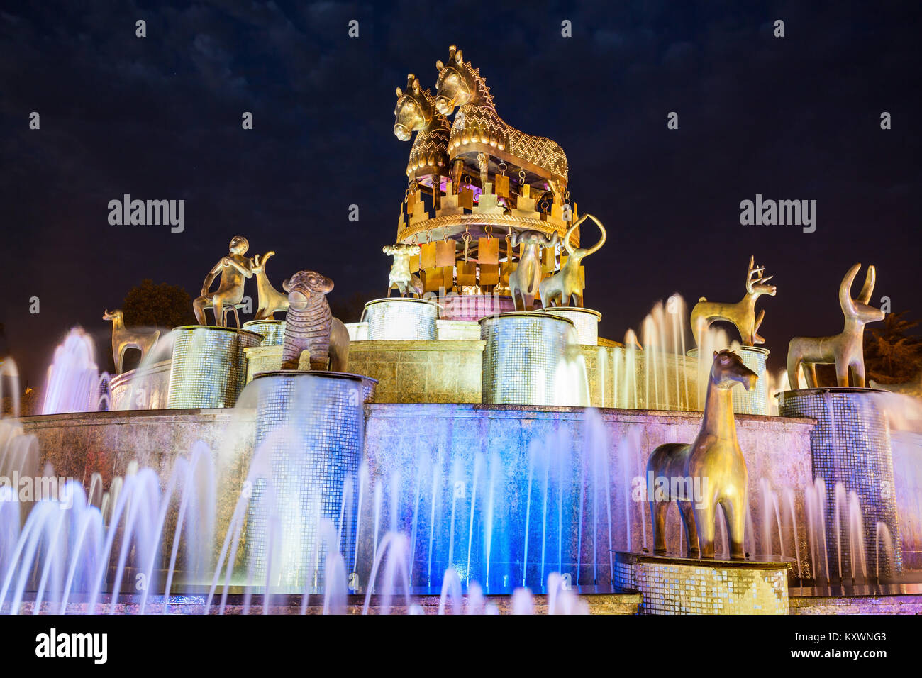 KUTAISI, GEORGIA - SEPTEMBER 25, 2015: Kolkhida Fountain at night in the center of Kutaisi, Georgia. Stock Photo