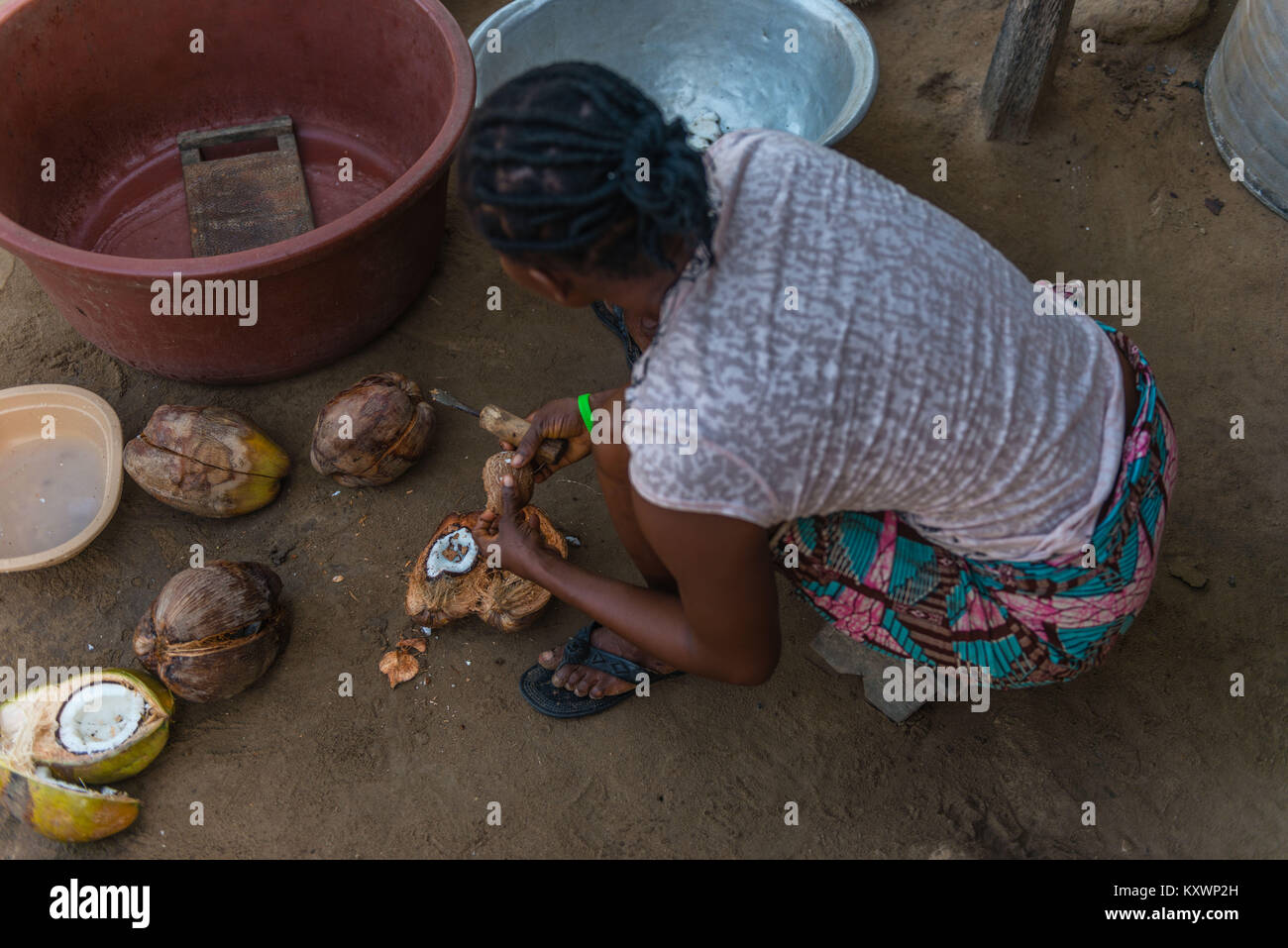 Production of coconut oil,Aziza Island in the Volta River, Ada Foah, Greater Accra Region, Ghana, Africa Stock Photo