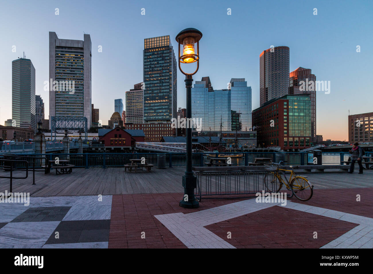 Boston city skyline tower and urban skyscrapers with lamp in foreground Stock Photo