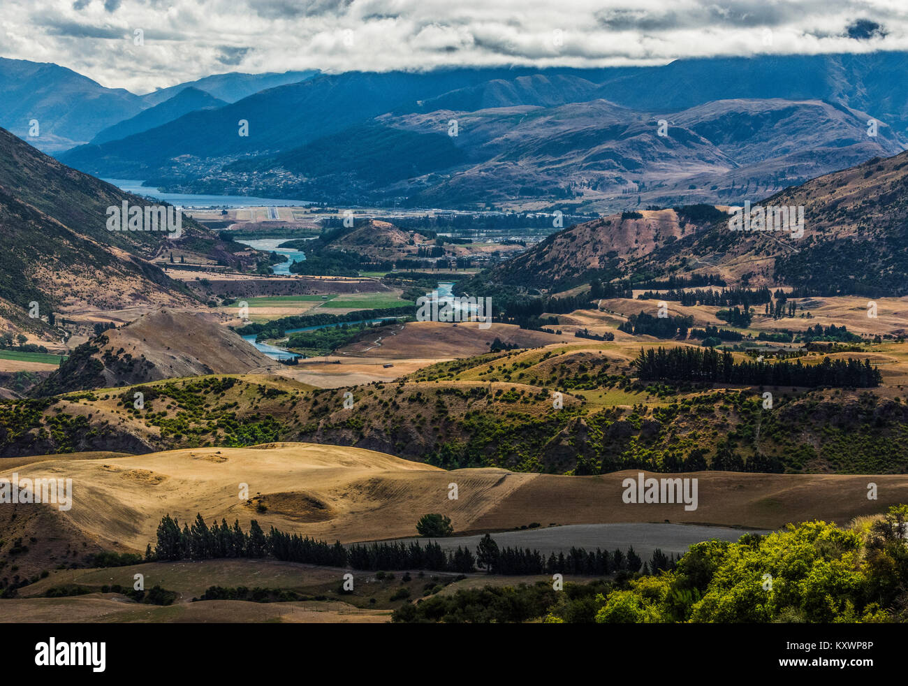 landscape of Kawarau River and Lake Wakatipu, Otago, New Zealand Stock Photo