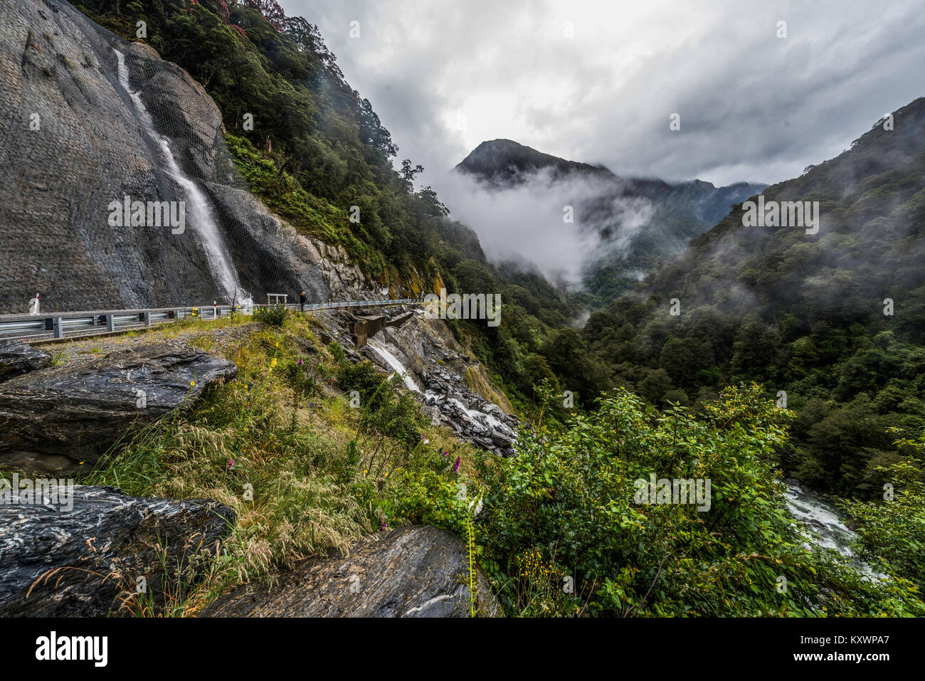waterfalls in Haast River Valley, New Zealand Stock Photo