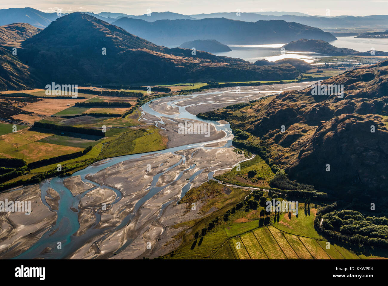 Makarora River into Wanaka Lake, New Zealand Stock Photo
