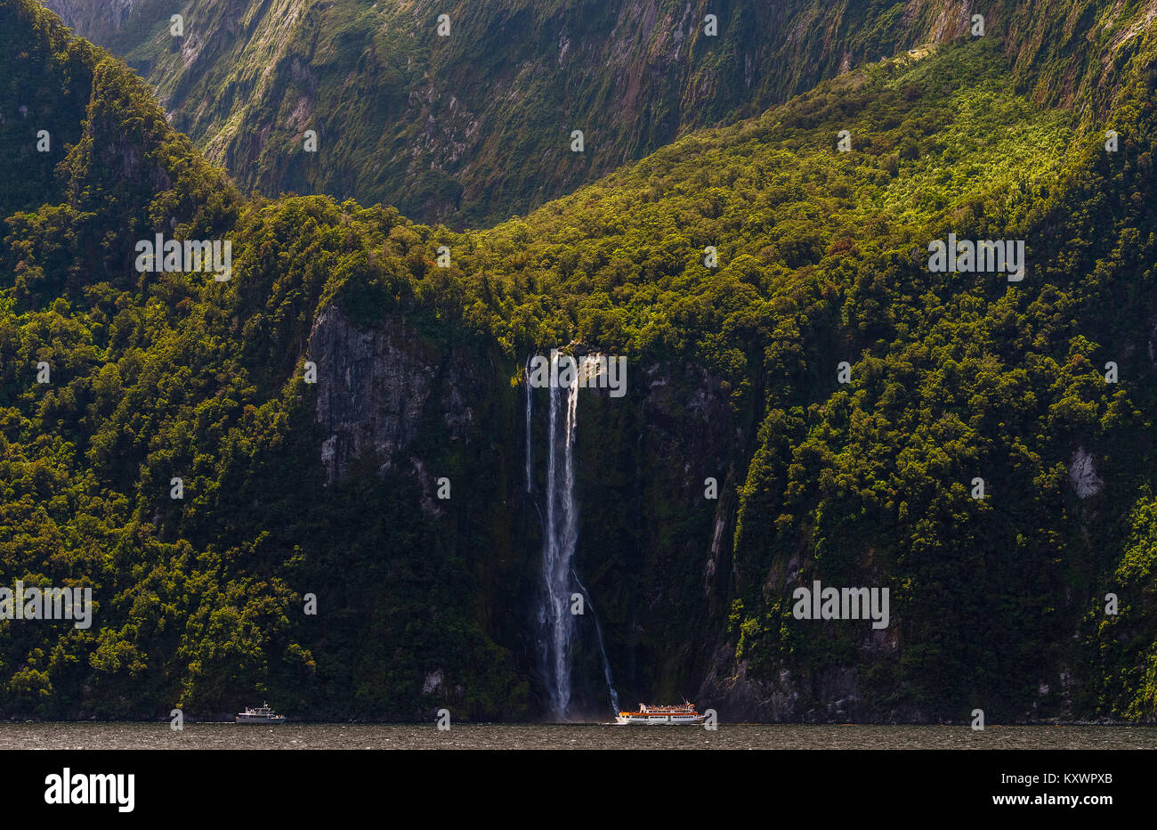 waterfalls of Milford Sound, New Zealand Stock Photo
